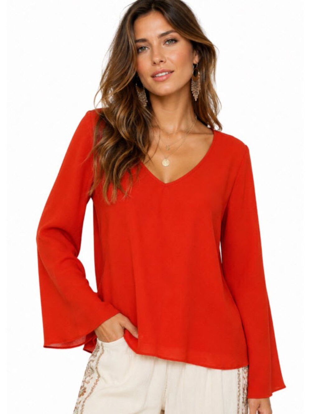 Aritzia Orange V-Neck Long Sleeve Top Medium Office Chic Preppy Quiet Luxury